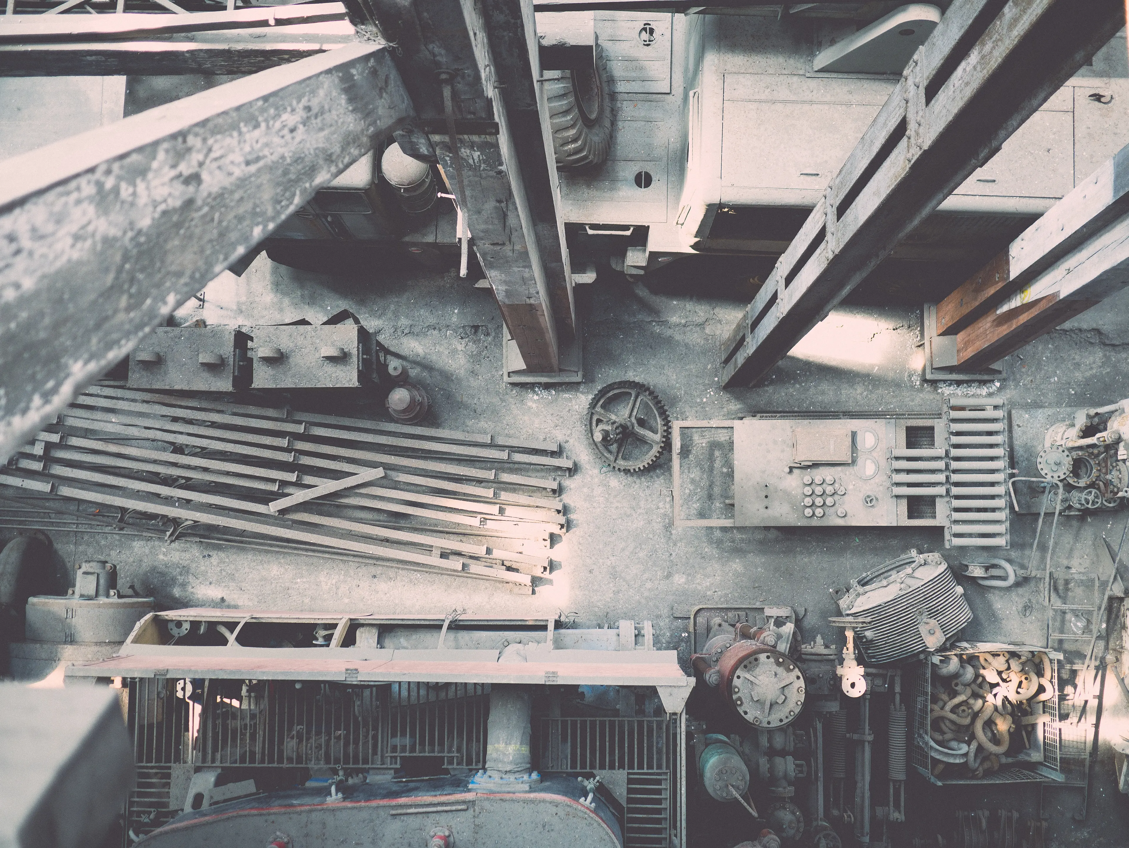 Construction site and materials viewed from above.