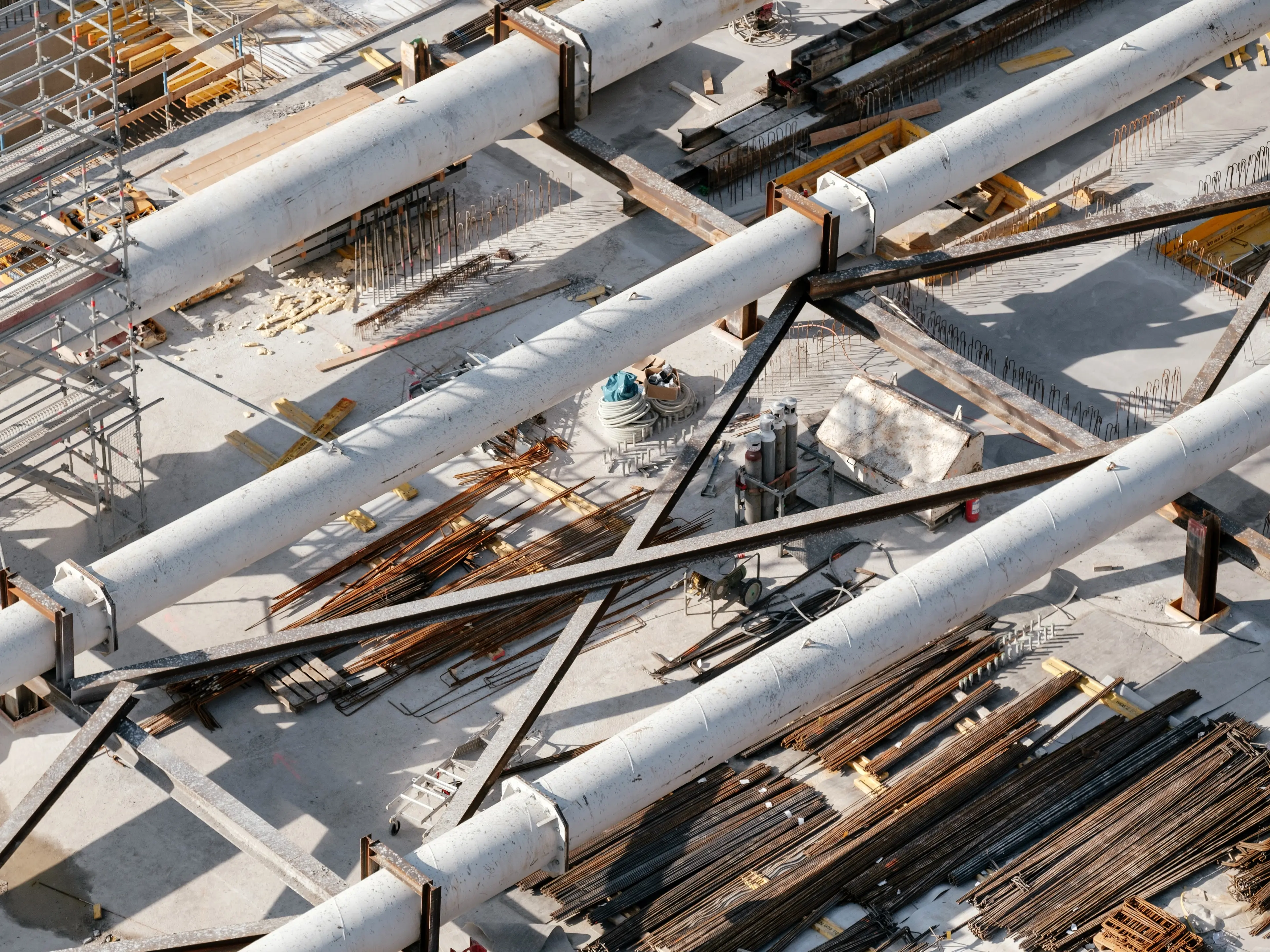 Aerial view of pipes within a chemical plant.